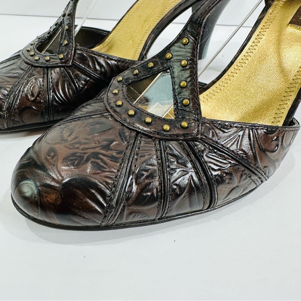 ANTONIO MELANI BROWN LEATHER EMBOSSED SIZE 8.5 GREAT COND 3” STRAPPY HEELS - Picture 4 of 9
